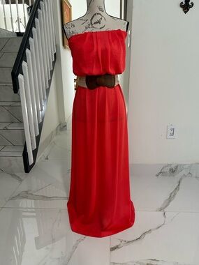 Y2K City Triangles Strapless Orange Coral Maxi Dress with Brown Belt Size M